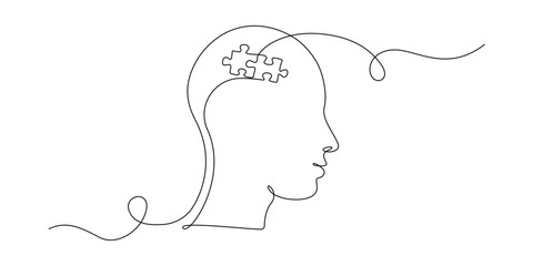 One continuous line drawing of head with puzzle. Mental health and mindfulness psychology concept in simple linear style. Memory concept in editable stroke. Contour vector illustration