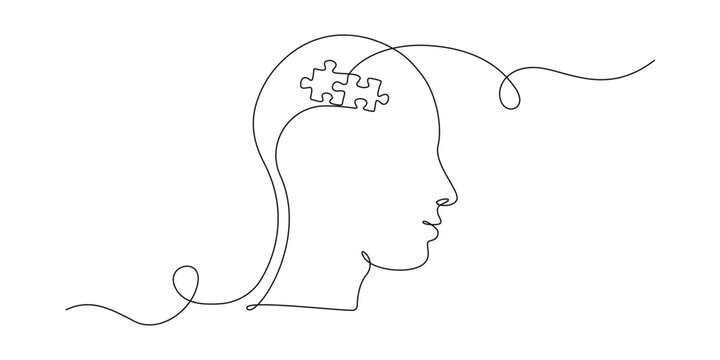 One continuous line drawing of head with puzzle. Mental health and mindfulness psychology concept in simple linear style. Memory concept in editable stroke. Contour vector illustration