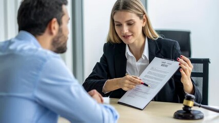 Legal consultancy concept. Business woman lawyer attorney showing document to man client providing advisory services, professionals discussing tax papers working in office at meeting