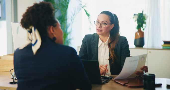 HR, candidate and resume with discussion in interview for internal vacancy, company promotion and questions. Meeting, manager and woman with CV document for performance review or contract negotiation