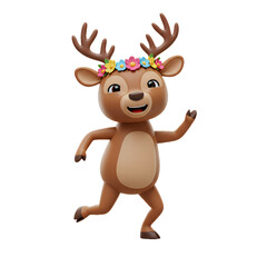Adorable 3D Render of a Joyful Deer Running with Flower Crown A Cheerful Cartoon Reindeer Character  Perfect for Children's Illustrations