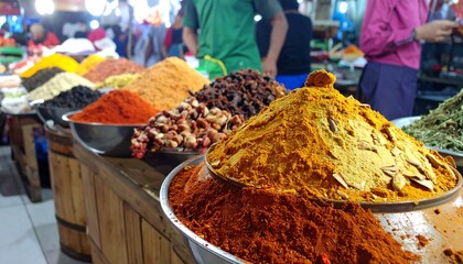 Spices and herbs market stall with vibrant colors.