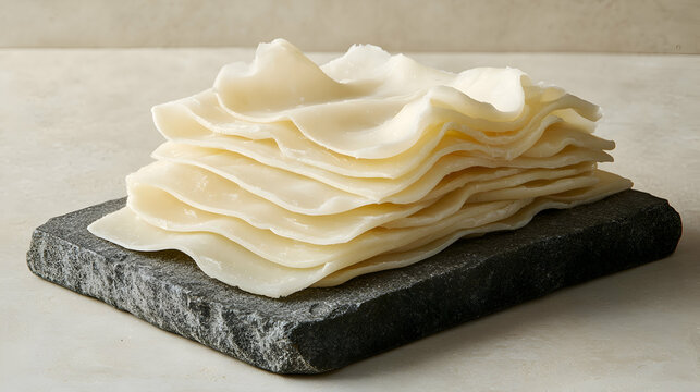 Queso Zamorano, Zamorano Cheese Zamorano cheese slices fanned on stone slab, natural rind, soft beige background