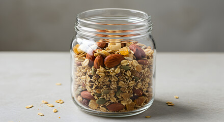 Homemade Granola With Nuts Inside Glass Jar For Healthy Lifestyle