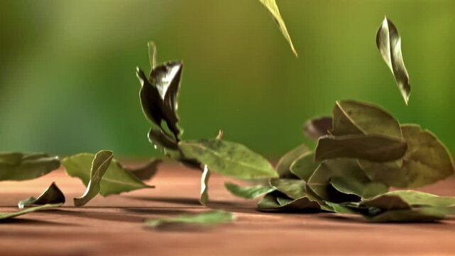 A bay leaf falls on the table. Filmed on a high-speed camera at 1000 fps. High quality FullHD footage