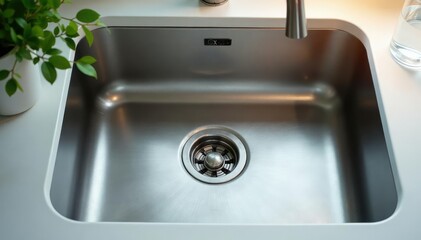 A clean and empty kitchen sink, ready for dishes , neat, orderly, tidy