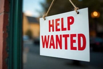 A "Help Wanted" sign hanging in a window, showcasing a job opportunity , open position, recruit, window