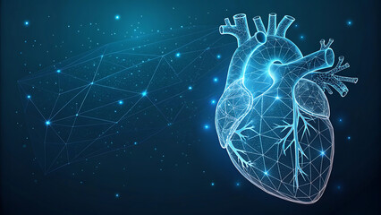 Human heart wireframe. World heart day concept. Banner template glowing low poly. Futuristic modern abstract. Isolated on dark background. Vector illustration.