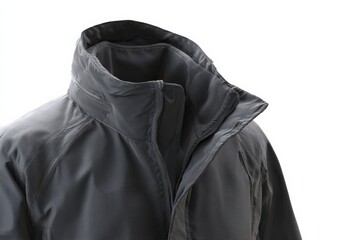 Close-up of a charcoal gray, lightweight jacket with a high collar. Perfect for layering or wearing on its own.