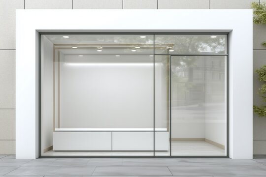 Realistic storefront mockup, local shop store glass window, small business commercial branding showcase