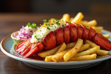 A succulent lobster tail served on a classic diner plate with fries and coleslaw , claws, creamy, tail meat