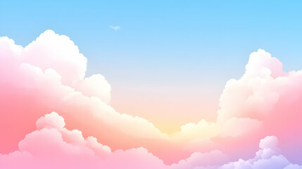 Pastel sky wonderland with fluffy clouds and gentle sunlight backdrop illustration