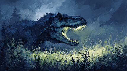 Fototapeta premium T-rex Dinosaur Night Wildlife Art Prehistoric Predator Roar Mysterious Atmosphere Forest Dusk Adventure Powerful Eerie Shadows Teeth Ferocious Fantasy Survival Apocalyptic Giant Beast