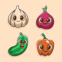 food seasoning vegetables cute character set. doodle hand draw style