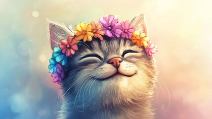 Smiling feline with a crown of multicolored flowers, a soft gradient background generative ai