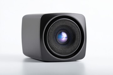Close-up of a sleek, black cube-shaped speaker with a prominent, textured speaker grille and glowing lens.