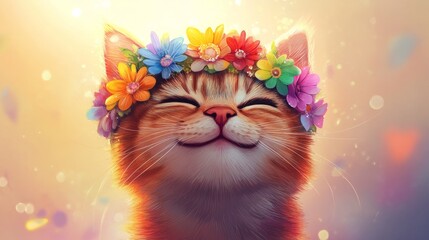 Smiling feline with a crown of multicolored flowers, a soft gradient background generative ai