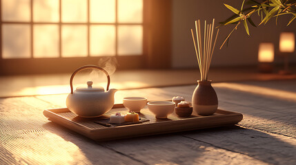 Serene tea set on wooden tray, warm sunlight through window, cozy ambiance.