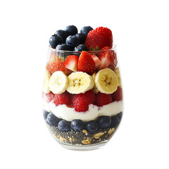 layered breakfast dessert with granola and mixed berries
