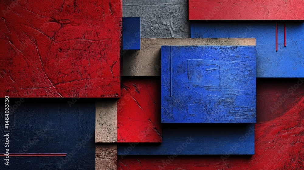 Poster abstract design with layered textures and gradient colors in contemporary red and blue tones