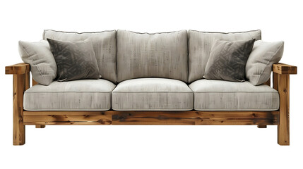 Light gray fabric sofa with natural wood isolated on transparent background