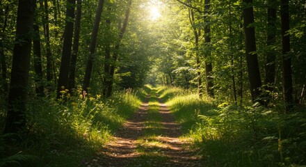 Fototapeta premium Sunlit Path Through Lush Green Forest