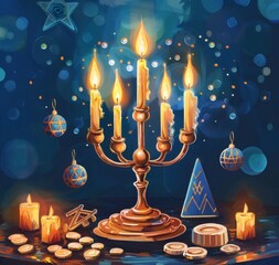 Dramatic Silver Hanukkah Menorah Scene with Sparkling Blue Lights and Ethereal Bokeh Effects
