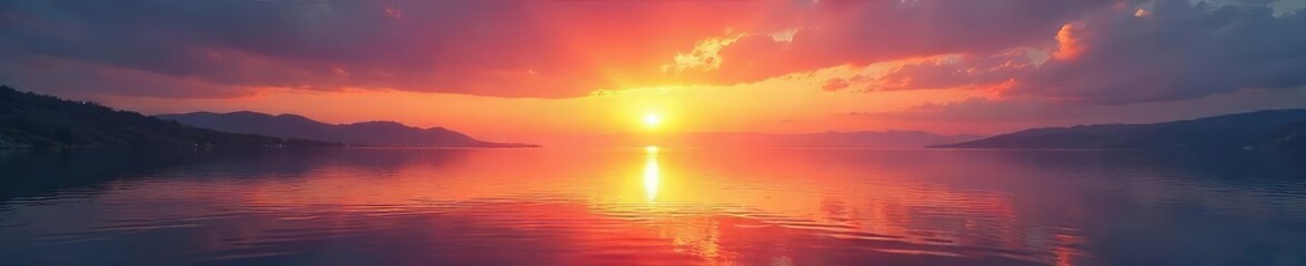 Serene sunset over tranquil water, reflecting the calm and peace of a soul finding its ease Perfect for meditation, mindfulness, and relaxation themes , horizon, solitude