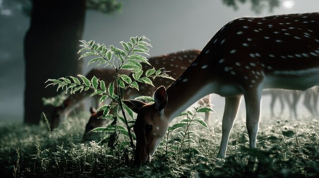 Deer grazing in misty forest - Powered by Adobe