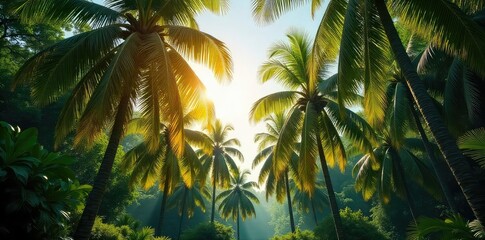 Fototapeta premium Sun-drenched palm trees form a dense, lush forest, their fronds swaying gently in a tropical breeze The scene is tranquil and evokes a sense of escape to paradise , botany, palm trees