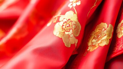 Red Fabric with Golden Floral Embroidery Texture