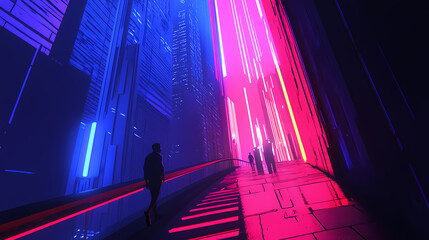 Dynamic city traffic at night with vibrant light trails and skyscrapers. [Ocular City] | Pulse Mirror | rhythm light. Illustration