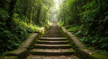 Obraz premium Stone Steps Leading Through a Lush Green Forest