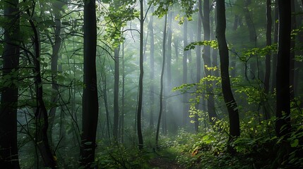 Fototapeta premium Sunlight Filtering Through Dense Green Forest Creating Atmospheric Scene