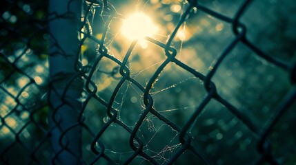 Fototapeta premium Sunlight Filtering Through a Chain Link Fence with a Detailed Spiderweb