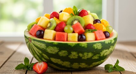 Colorful Fruit Salad in Watermelon Bowl on Wooden Table