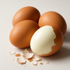 Chicken Eggs with Partially Peeled Shell on White Background

