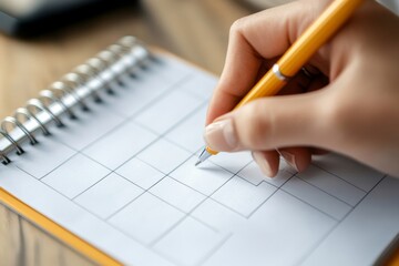 A hand writing on a calendar grid with a yellow pen on a spiral bound notebook on a wooden surface