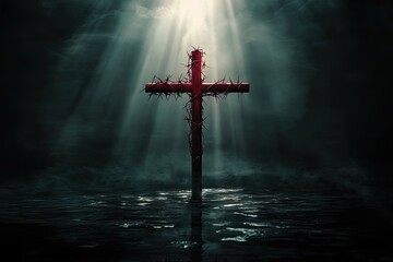 Illuminated red cross with thorns, bathed in dramatic light.