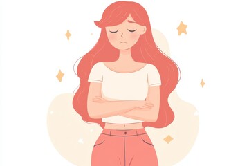 Illustration of a sad woman with long red hair and arms crossed wearing a white shirt and red pants