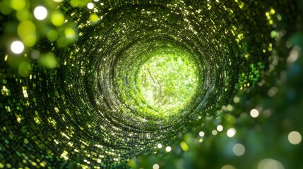 Lush green leaves form a swirling tunnel leading to bright light.