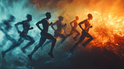 Naklejka premium Dynamic runners in motion with energy flow. [Obsidian Choir] | Melted Verse | flow rhythm. Illustration