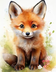 Obraz premium Niedlicher Baby-Fuchs in zarter Aquarellmalerei
