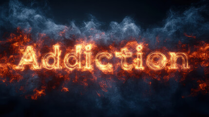 An addiction word glowing with fiery flames and surrounded by smoke on dark background, creating dramatic and intense effect