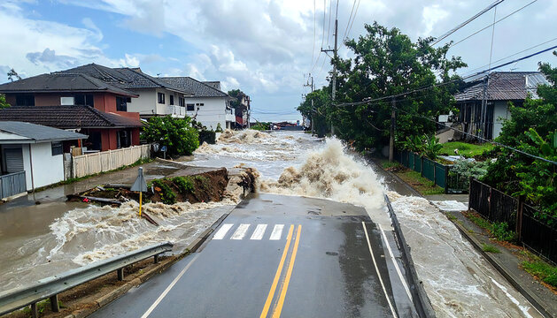 津波に襲われる沿岸の地域。波にのまれる道路や家。自然災害。大洪水。Coastal areas hit by tsunami. Roads and houses swept away by waves. Natural disaster. Heavy flood.