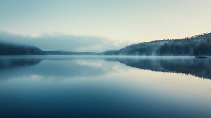 Fototapeta premium Tranquil Lake Reflection Scene With Mist And Fog Surrounding Forest And Blue Sky