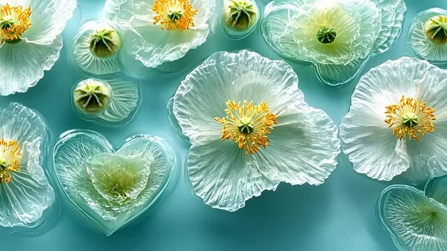 White poppy flowers and seed pods floating on turquoise water surface