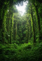 Lush Green Tropical Forest with Sunlight Streaming Through Canopy