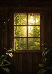 Sunlit Jungle View Through Overgrown Wooden Window