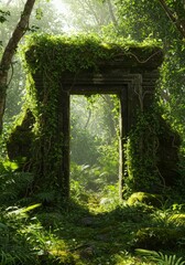 Overgrown Stone Archway in Lush Green Jungle